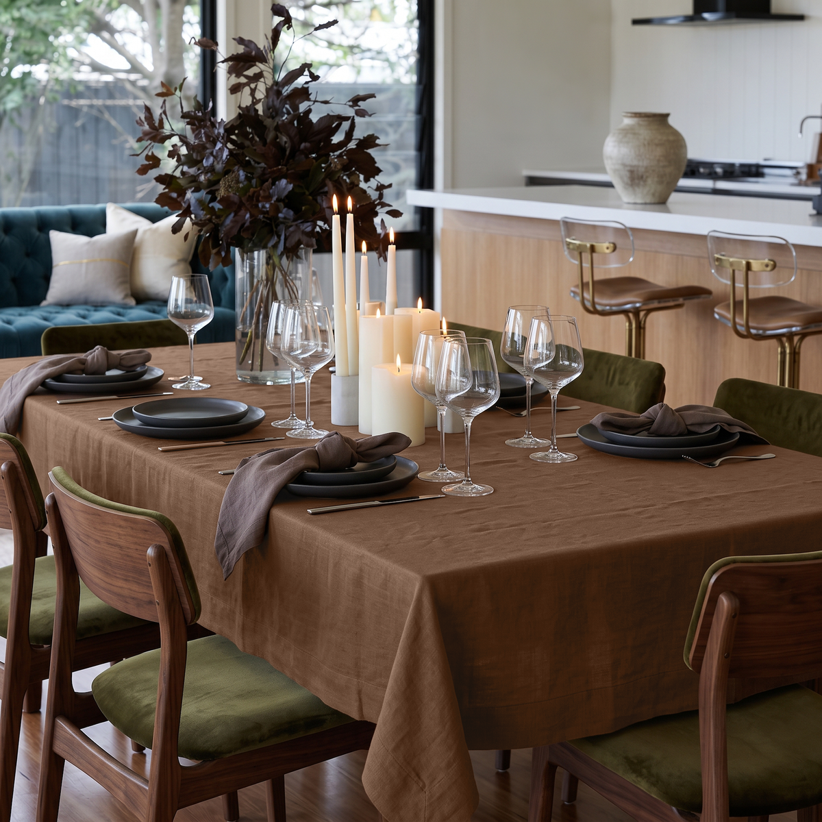 Tawny Brown Rectangular Linen Tablecloth in a Contemporary Dining Room with Olive Green Chairs