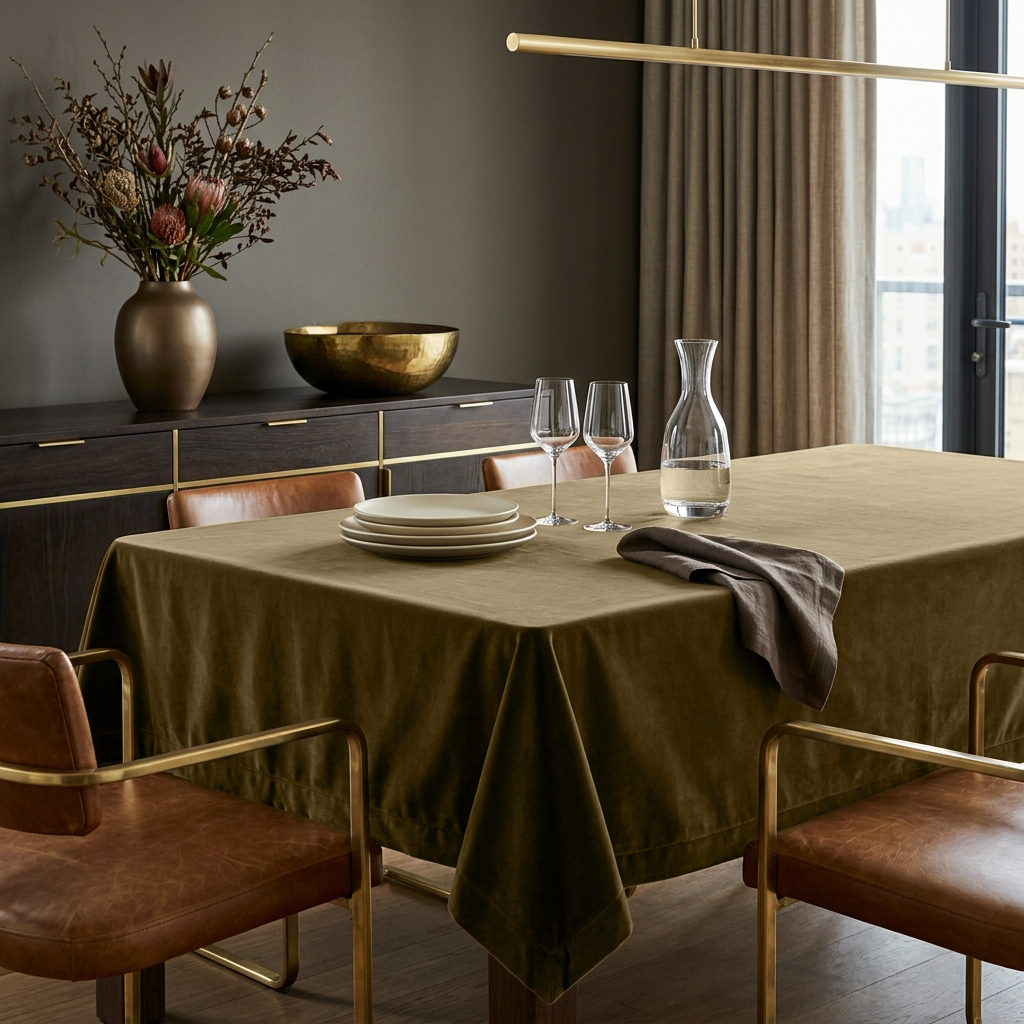 Olive Brown Rectangular Velvet Tablecloth in a Contemporary Dining Room with Cognac Leather Chairs