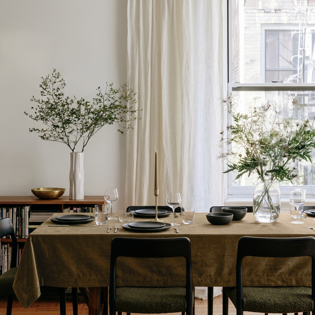 Olive Brown Rectangular Velvet Tablecloth in a Contemporary Dining Room with Black Chairs and Sheer White Curtains