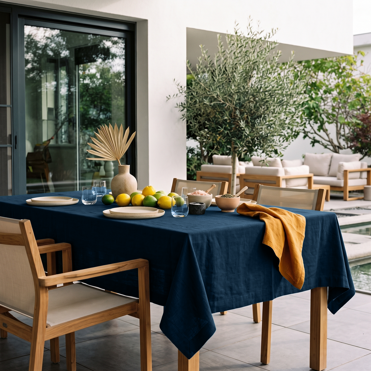 Peacock Blue Rectangular Linen Tablecloth on a Contemporary Outdoor Patio with Lounge Seating
