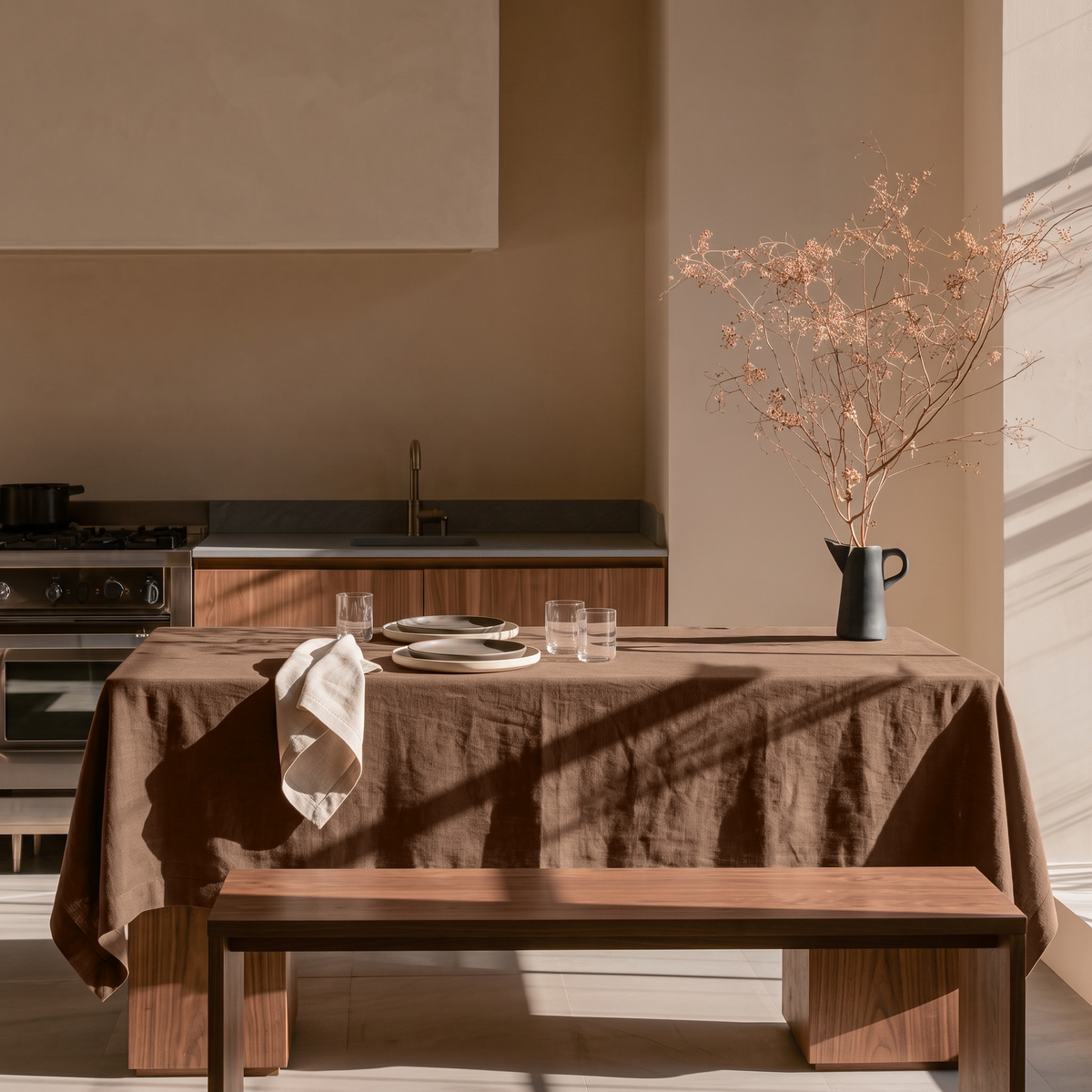 Tawny Brown Rectangular Linen Tablecloth in a Minimalist Kitchen with a Wooden Bench