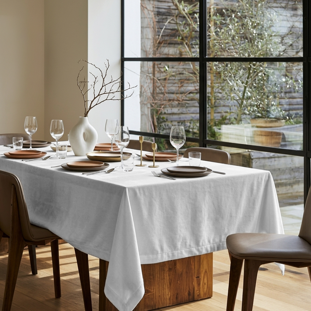 Off-White Rectangular Velvet Tablecloth in a Contemporary Dining Room with Brown Upholstered Chairs