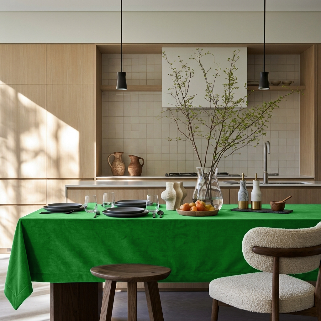 Lime Green Rectangular Velvet Tablecloth in a Contemporary Kitchen with Light Oak Cabinetry and Cream Bouclé Chair