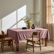 Pink Rectangular Velvet Tablecloth in a Minimalist Dining Room with Walnut Chairs