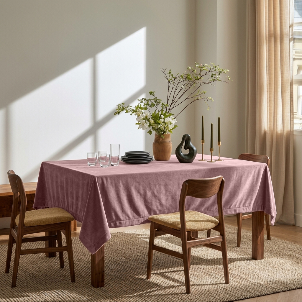 Pink Rectangular Velvet Tablecloth in a Minimalist Dining Room with Walnut Chairs