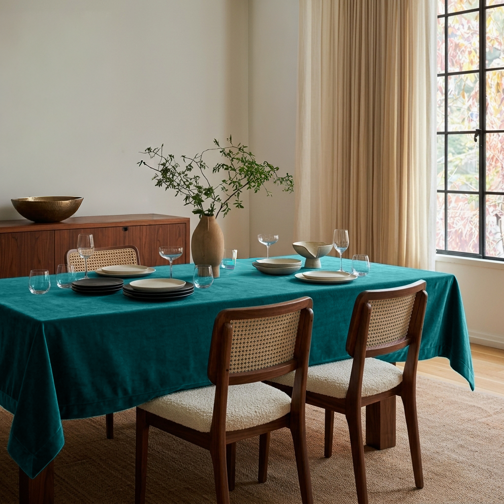 Teal Rectangular Velvet Tablecloth in a Mid-Century Modern Dining Room with Walnut Cane Chairs and Cream Curtains
