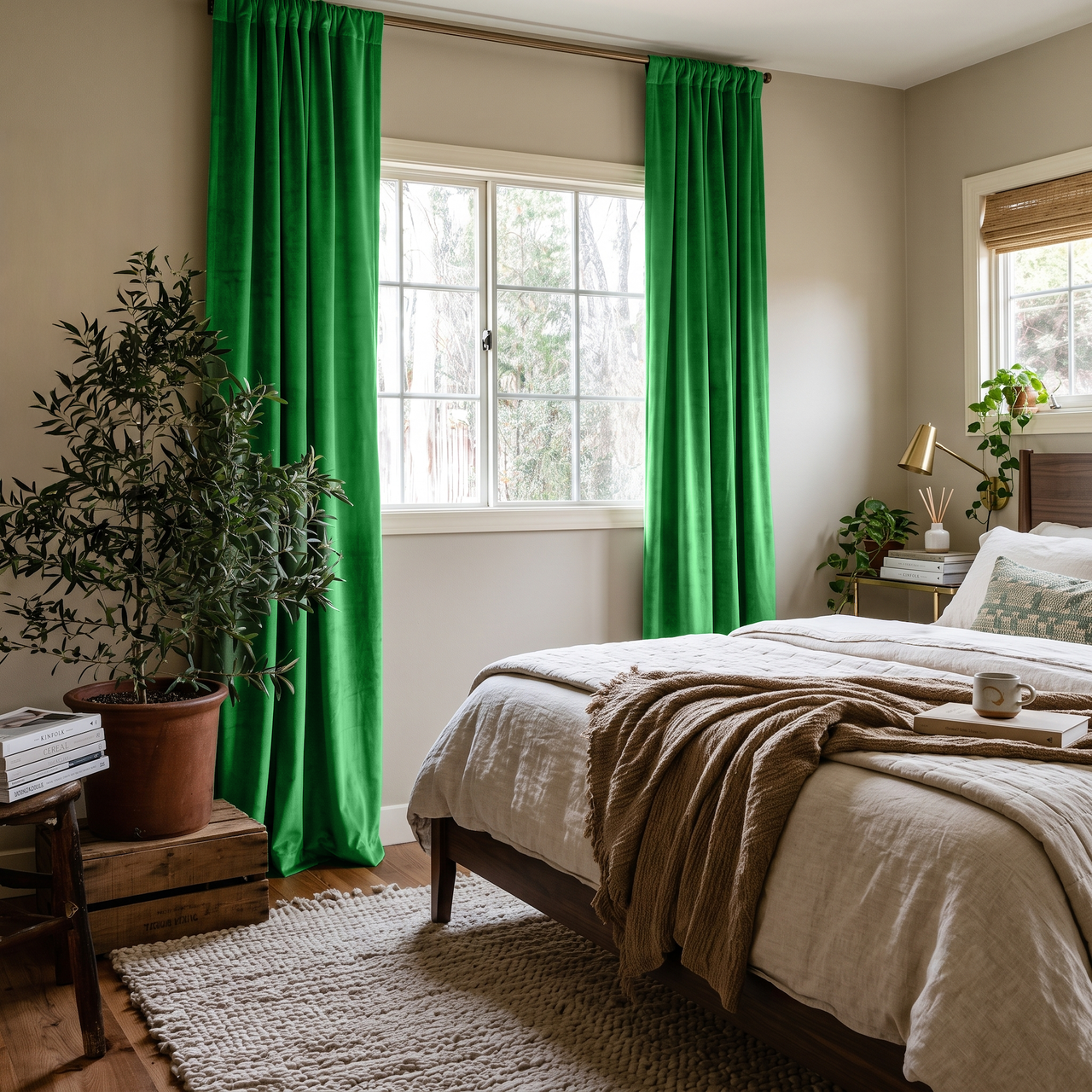 Lime Green Velvet Rod Pocket Curtains in a Cozy Bedroom with Beige Walls and White Bedding