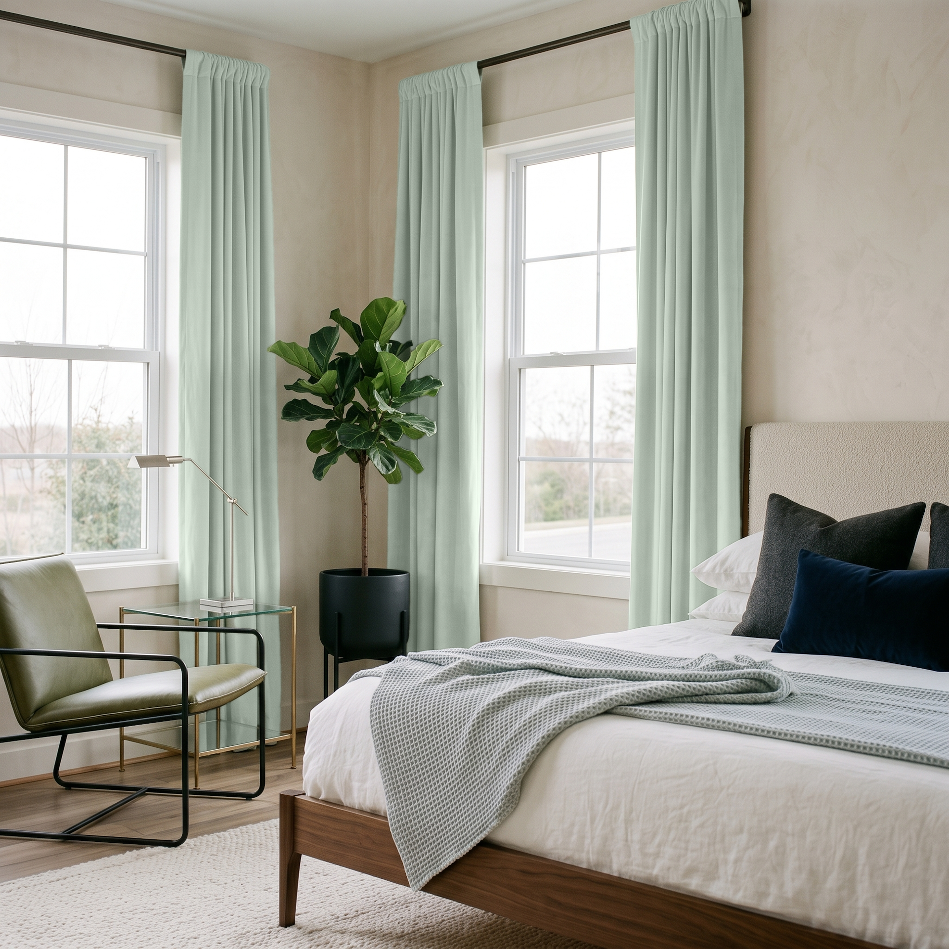 Mint Green Velvet Rod Pocket Curtains in a Modern Bedroom with a Walnut Bed Frame and Navy Accent Pillows