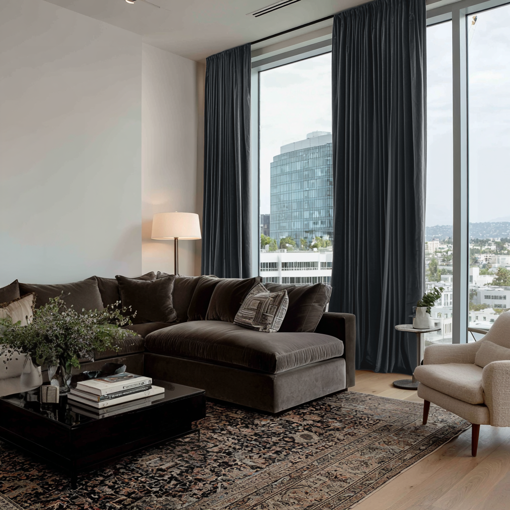 Steel Black Velvet Rod Pocket Curtains in a Contemporary High-Rise Living Room with a Sectional Sofa