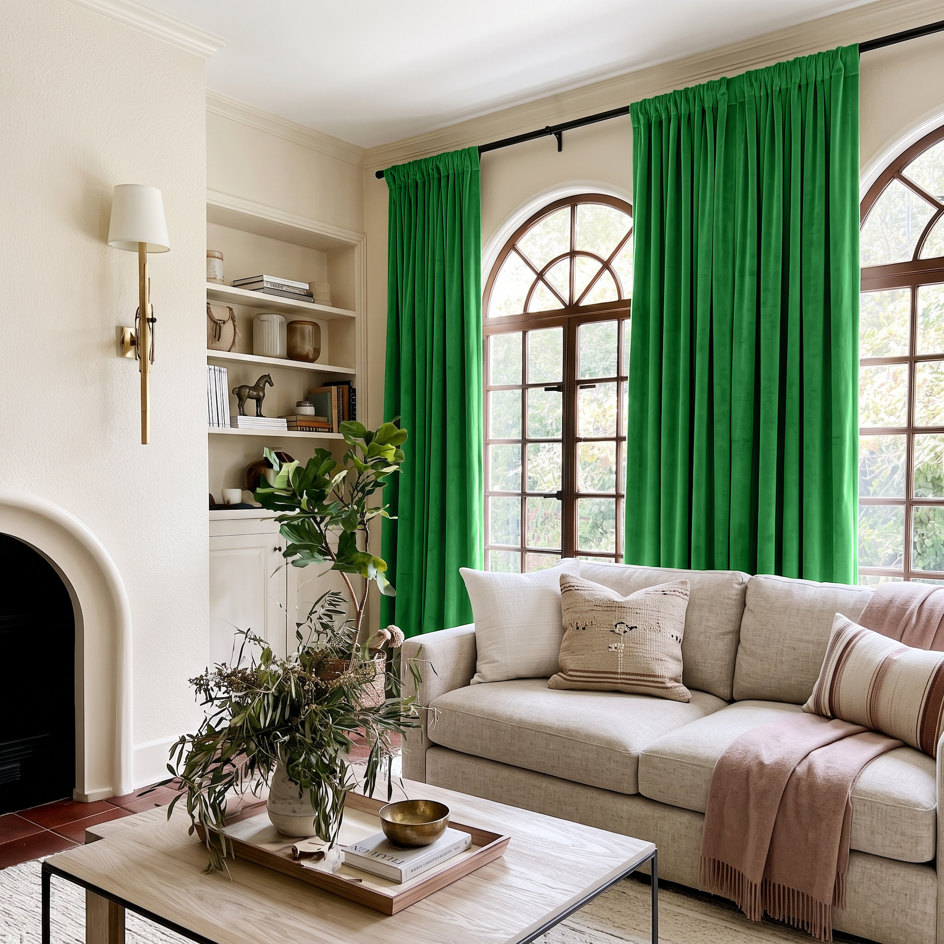 Lime Green Velvet Rod Pocket Curtains in a Traditional Living Room with Cream Walls and Arched Windows