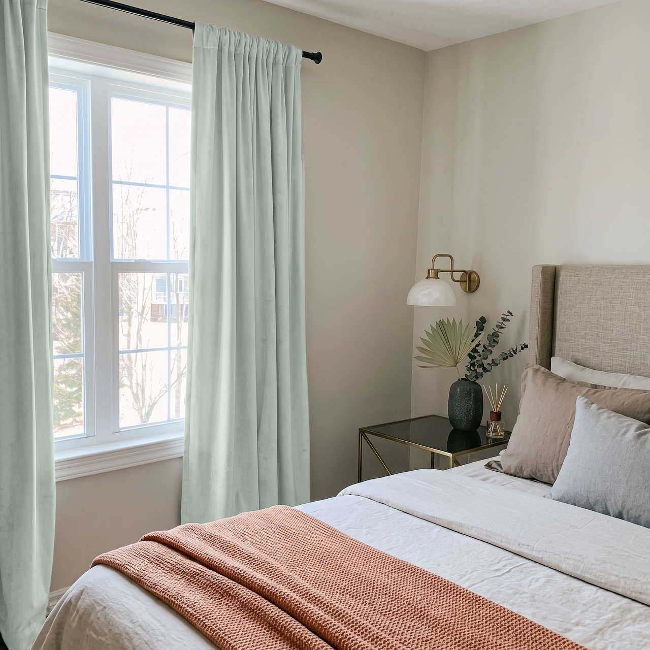 Mint Green Velvet Rod Pocket Curtains in a Contemporary Bedroom with a Beige Upholstered Bed and Coral Knit Throw