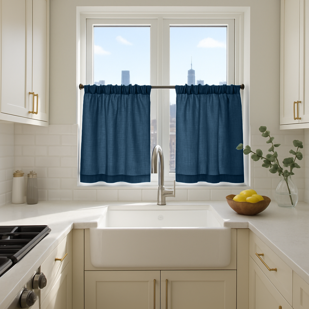 Peacock Blue Linen Cafe Curtains