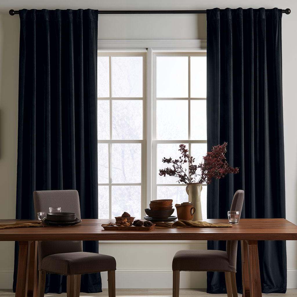 A pair of floor-length black curtain panels hanging on a dark curtain rod in front of a tall white-framed window, styled in a dining room with a wooden table, chairs, and a vase of branches.