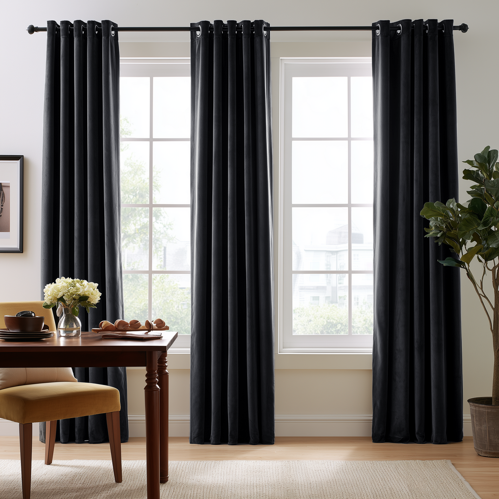 A pair of long black grommet curtains hanging on a black rod over two tall windows in a bright room, with a wooden dining table, chair, vase of flowers, and a potted plant visible.