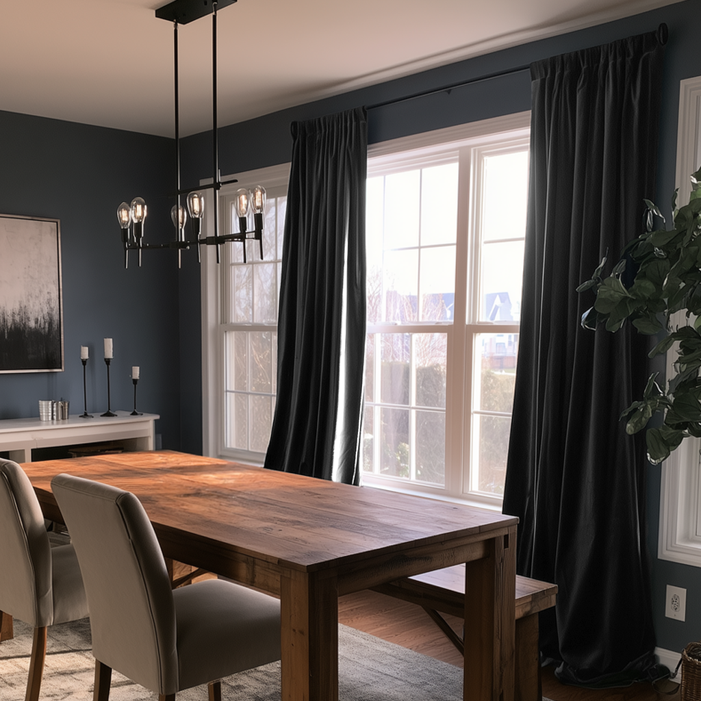 A pair of floor-length black curtains hanging on a rod over a large white-framed window in a modern dining room with a wooden table and gray chairs.