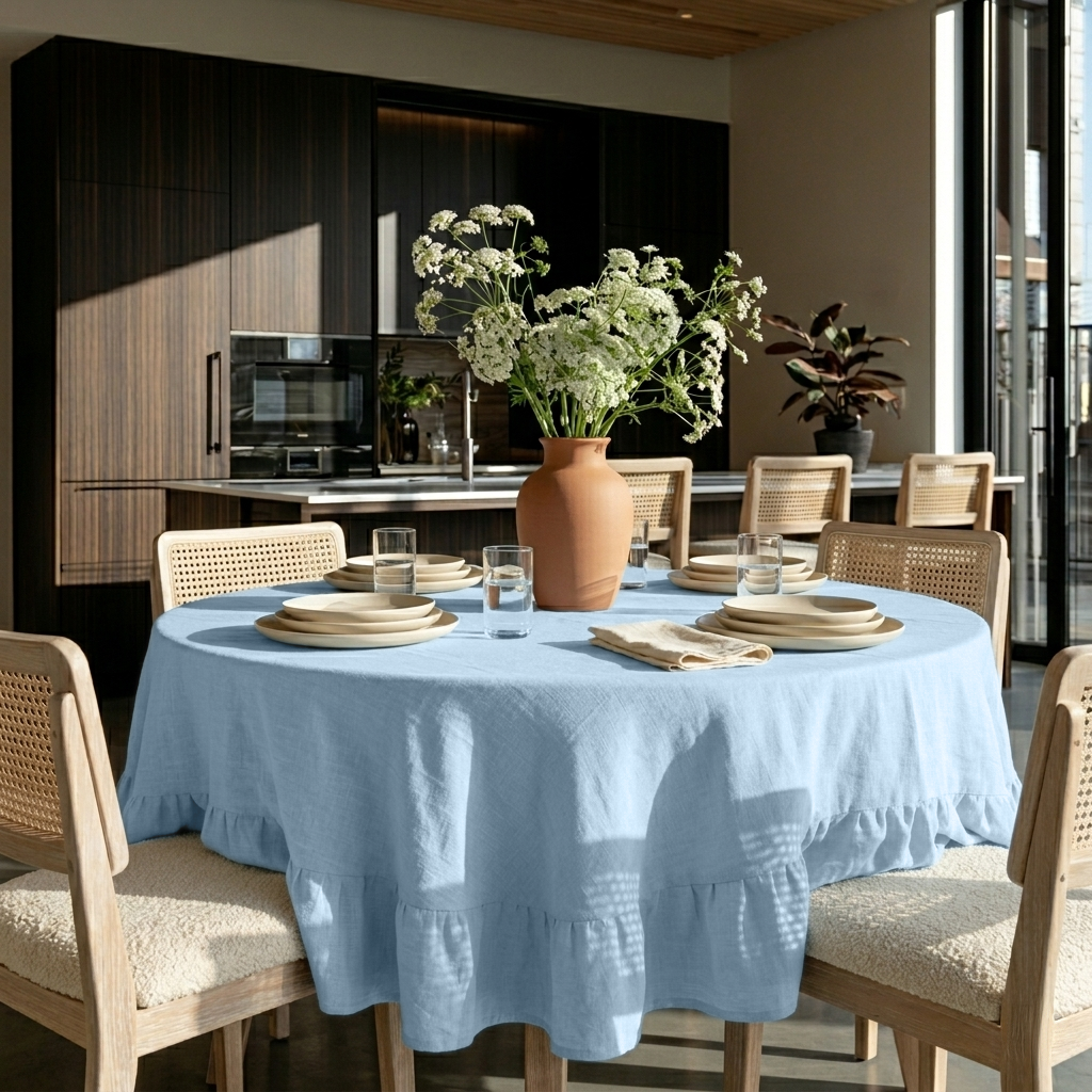 Sky Blue Linen Round Ruffle Tablecloth in a Modern Dining Room with Dark Wood Cabinetry