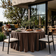 Chocolate Brown Velvet Round Tablecloth in an Outdoor Patio Dining Space
