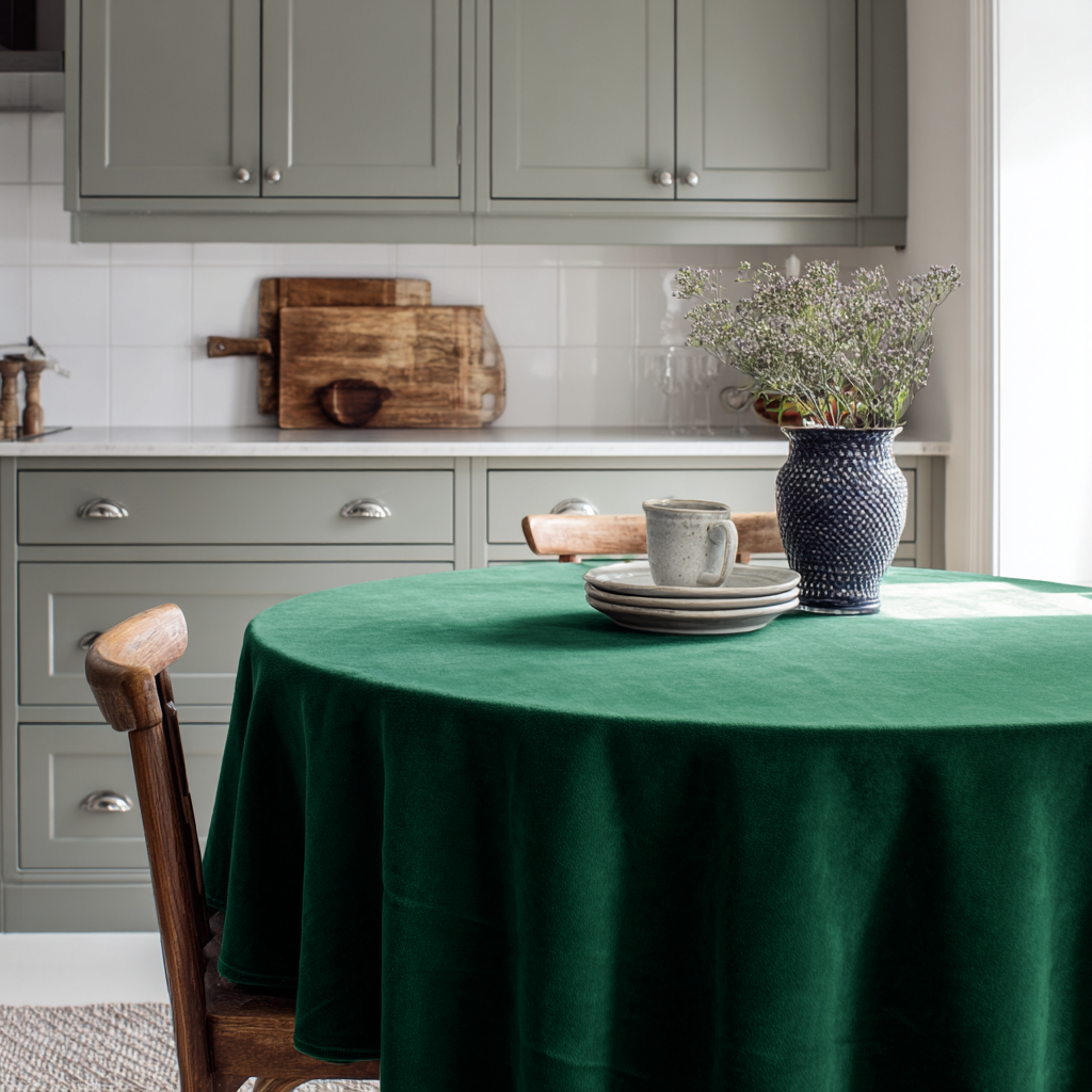 Emerald Green Velvet Round Tablecloth in a Cottage Kitchen with Soft Sage Cabinetry and White Tiles