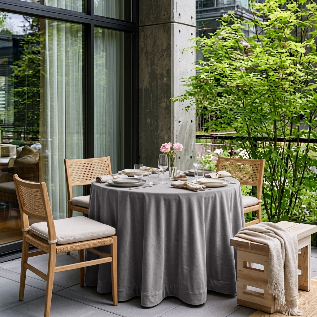 Grey Velvet Round Tablecloth in an Outdoor Patio Dining Setting