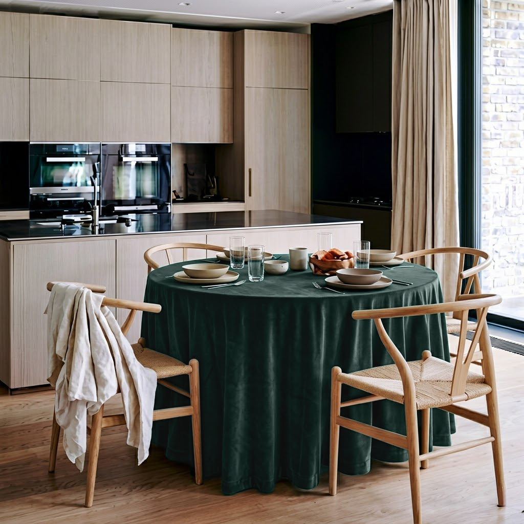 Hunter Green Velvet Round Tablecloth in a Modern Kitchen with Light Wood Cabinets