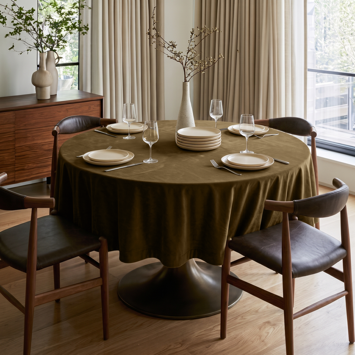 Olive Brown Round Velvet Tablecloth in a Dining Room with Beige Drapes and Dark Leather Chairs