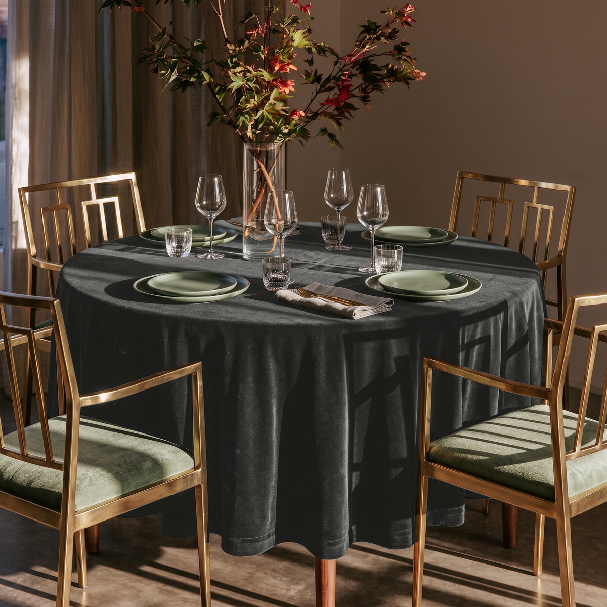 Dark Grey Round Velvet Tablecloth in an Elegant Dining Room with Brass Chairs and Olive Green Accents
