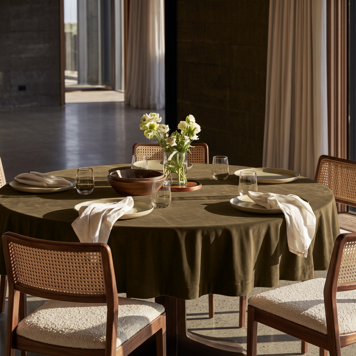 Olive Brown Round Velvet Tablecloth in a Dining Room with Cane Chairs and Warm Sunlight