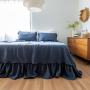 Royal Blue Linen Bed Skirt Valance with Gathered Ruffles