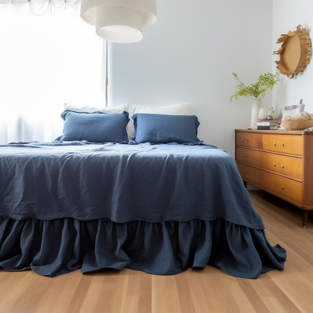 Royal Blue Linen Bed Skirt Valance with Gathered Ruffles