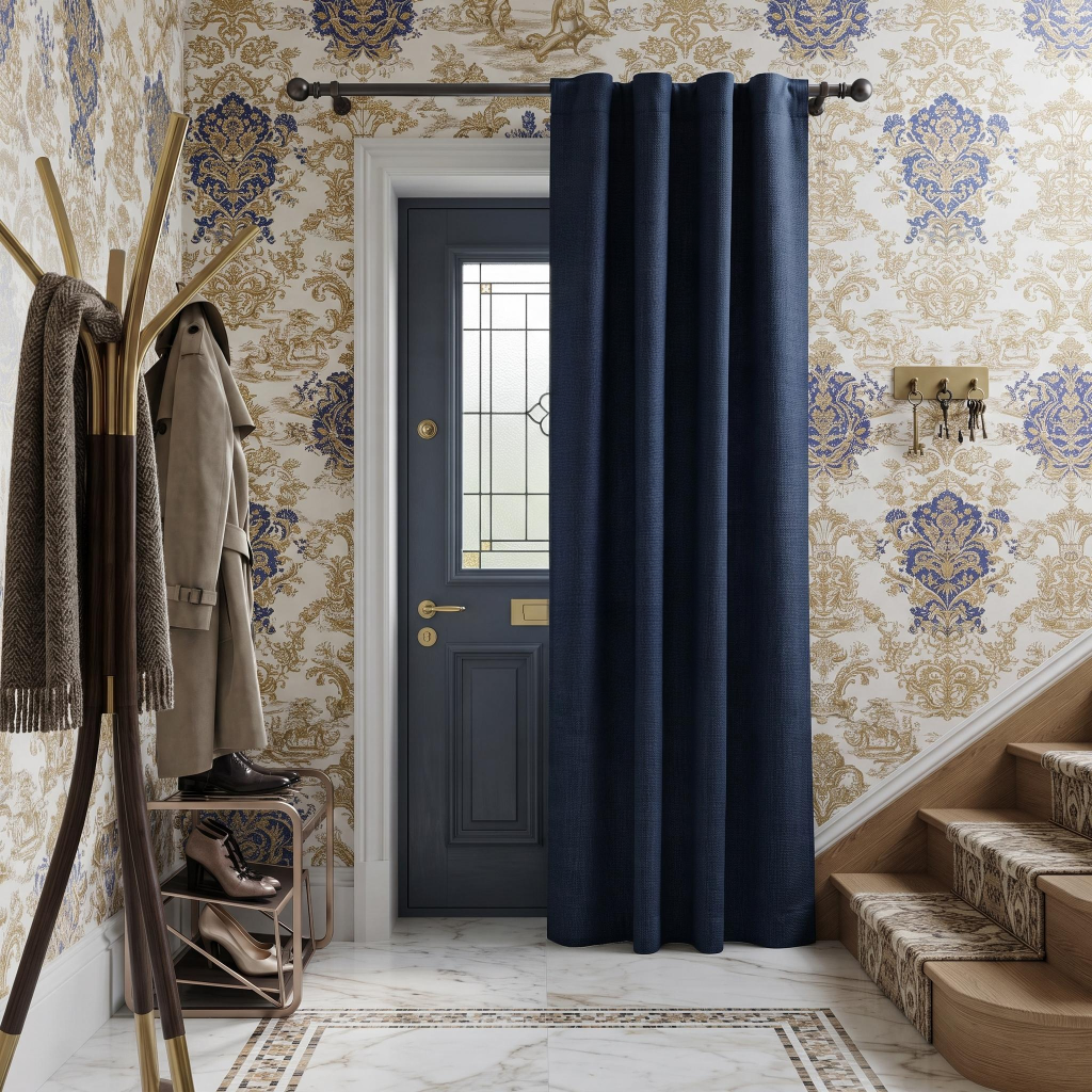 Royal Blue thermal door curtains in a Hallway with Blue and Gold Damask Wallpaper and a dark blue front door.