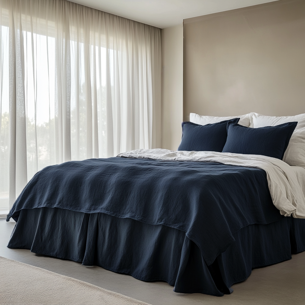 Royal Blue Linen Bed Skirt Valance with Gathered Ruffles