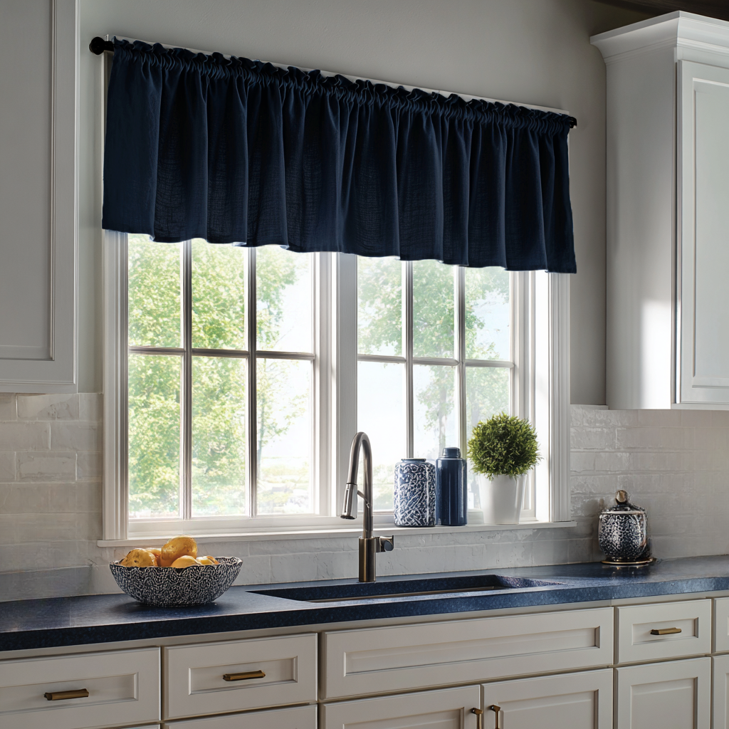Royal Blue Linen Kitchen Valance - Blackout Lining