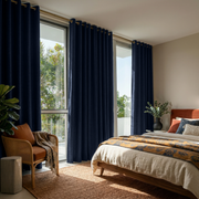 Royal Blue Linen Eyelet Curtains in a Relaxed Coastal Bedroom with Cream Walls - Blackout Lining