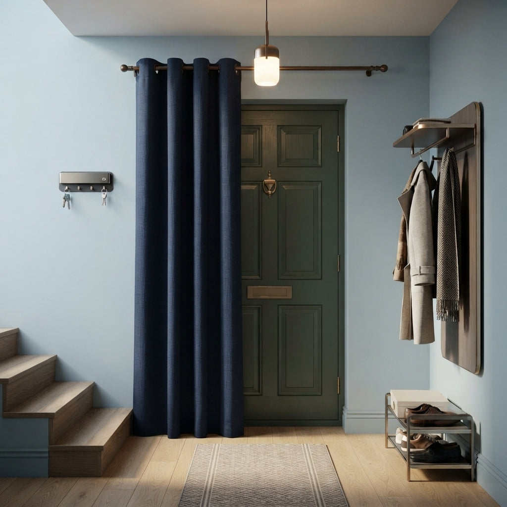 Royal Blue thermal door curtains in a Hallway with Light Blue walls and a dark green front door.