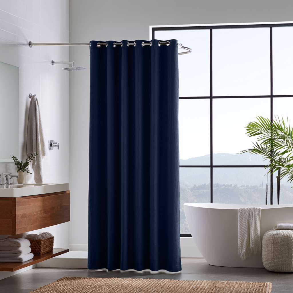 Royal Blue Linen Hookless Weighted Shower Curtain in Spa-Like Bathroom Overlooking the Mountains