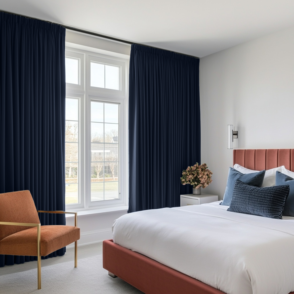 Royal Blue Linen Pencil Pleat Curtains in a Light Grey Bedroom with Blush Accents - Blackout Lining