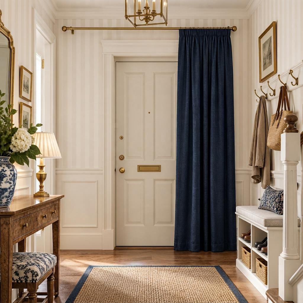 Royal Blue thermal door curtains in a Hallway with Off-White Striped Walls and a white front door.