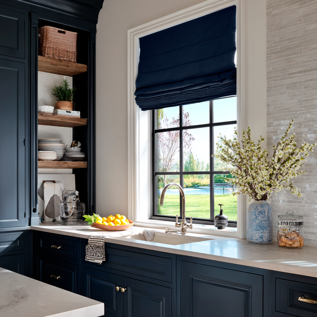 Royal Blue Linen Kitchen Roman Shades in an Elegant Kitchen with Navy Cabinetry - Blackout Lining