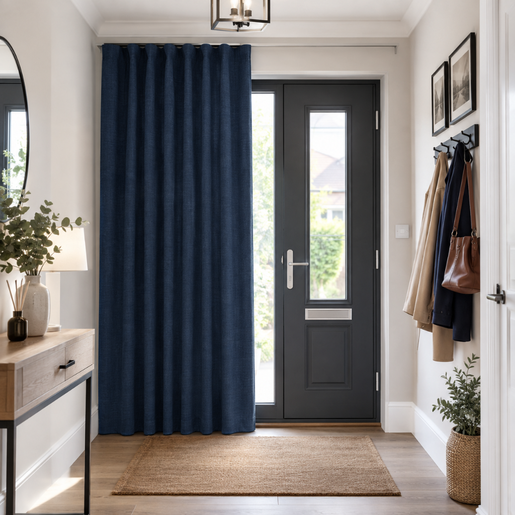 Royal Blue thermal door curtains in a Hallway with Off-White Walls and a dark grey front door.