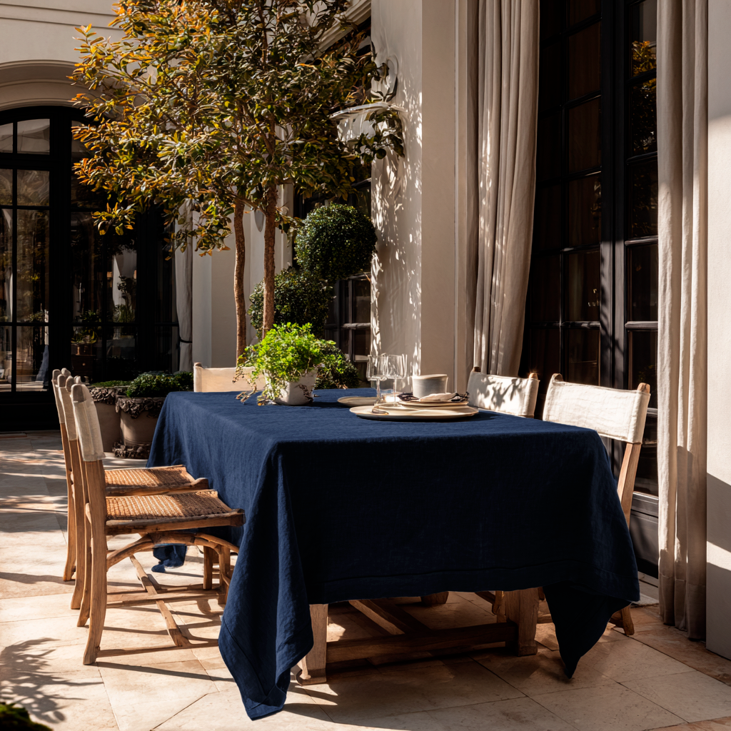 Royal Blue Rectangular Linen Tablecloth in a Mediterranean Patio with French Doors