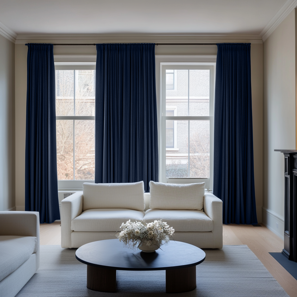 Royal Dark Blue Linen Pencil Pleat Blackout Curtains