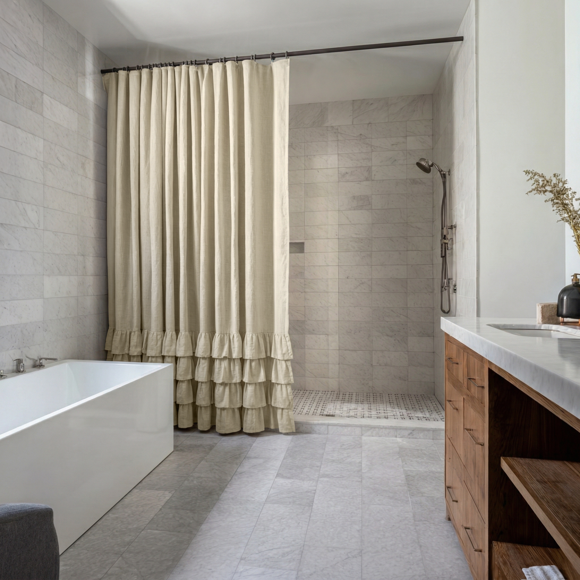 Ecru Heavy Weight Linen Ruffled Shower Curtain