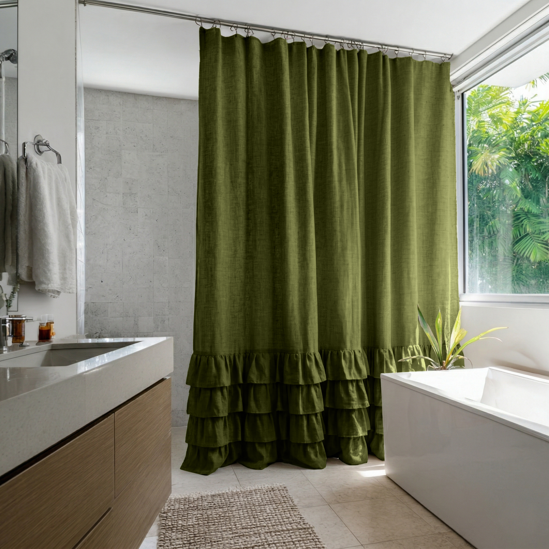 Moss Green Linen Ruffle Shower Curtain in a Light Minimal Bathroom with Pale Stone Walls and Natural Wood