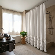 Off-White Linen Ruffle Shower Curtain in a Contemporary Bathroom