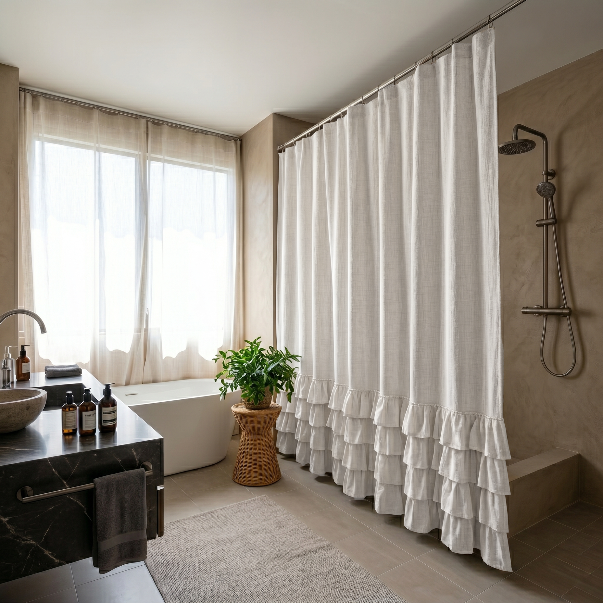 Off-White Linen Ruffle Shower Curtain in a Contemporary Bathroom