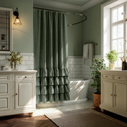 Sage Green Linen Ruffle Shower Curtain in a Bright Traditional Bathroom with Soft Sage Walls and White Cabinetry
