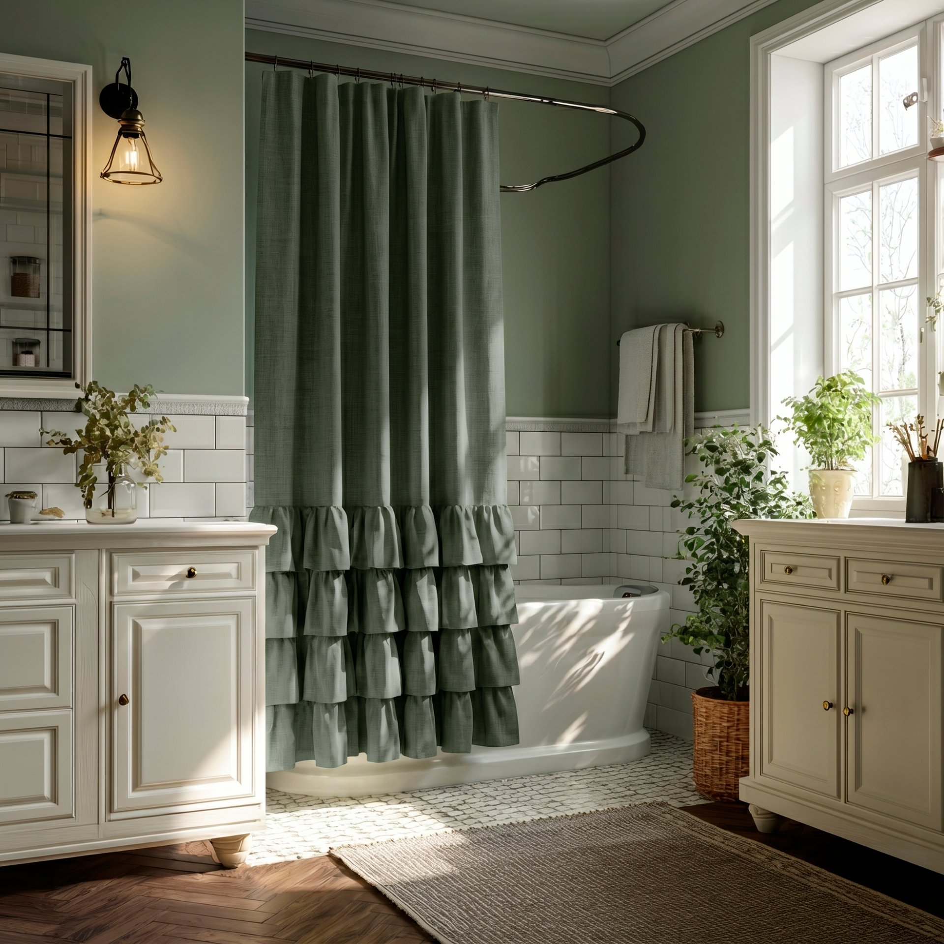 Sage Green Linen Ruffle Shower Curtain in a Bright Traditional Bathroom with Soft Sage Walls and White Cabinetry