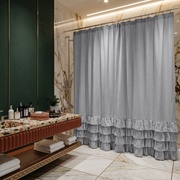 Stone Grey Linen Ruffle Shower Curtain in a Glam Modern Bathroom with Dark Emerald Walls and Terrazzo Accents