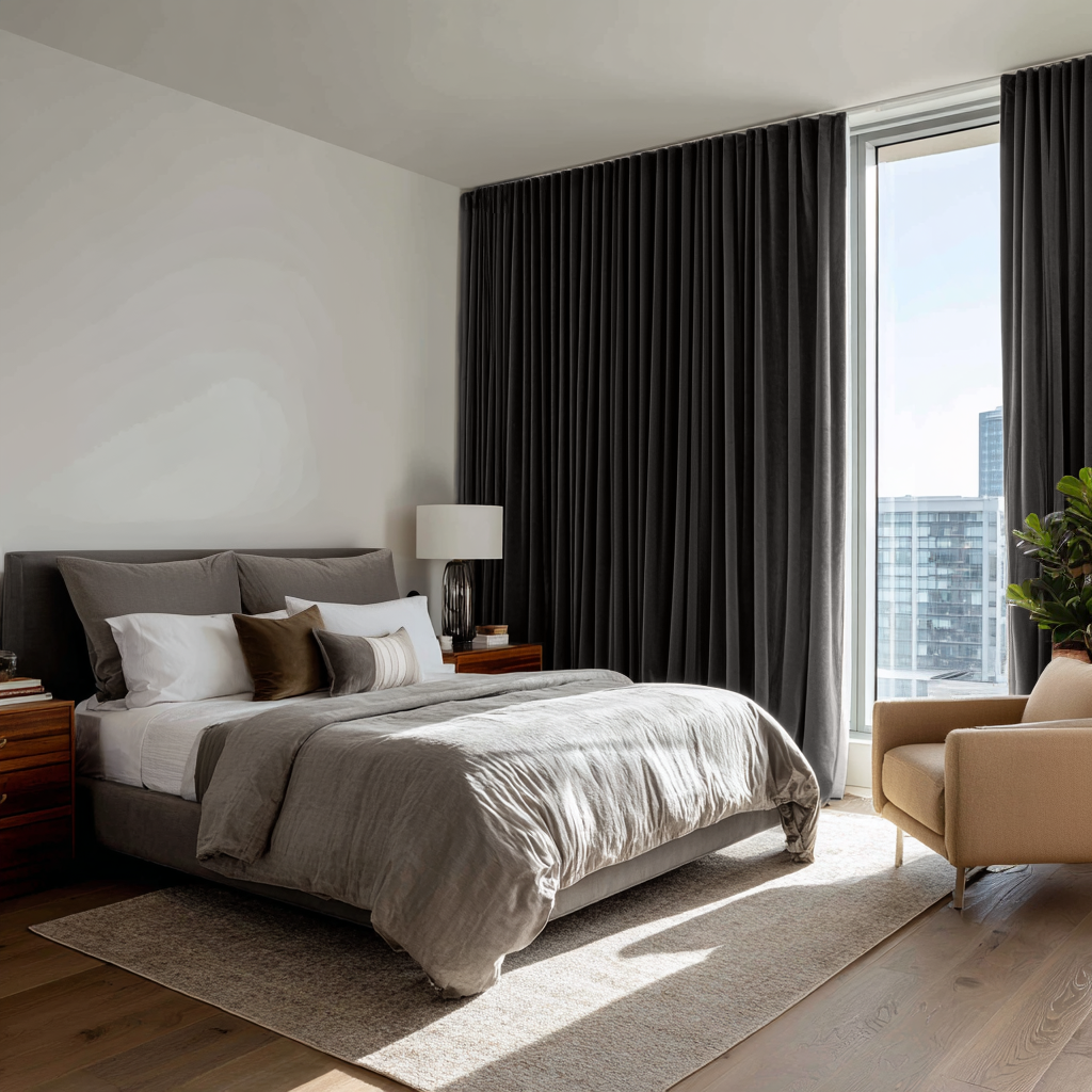 Dark Grey Velvet S-Fold Curtains in a Minimalist Bedroom with a Upholstered Bed