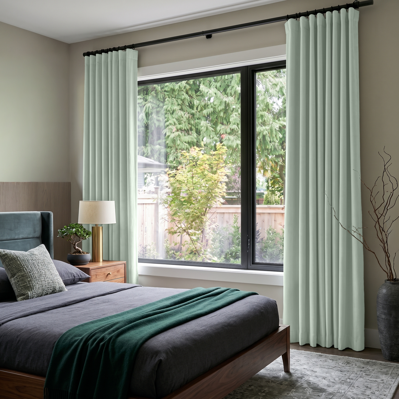 Mint Green Velvet S-Fold Curtains in a Contemporary Bedroom with Charcoal Bedding and Walnut Furniture